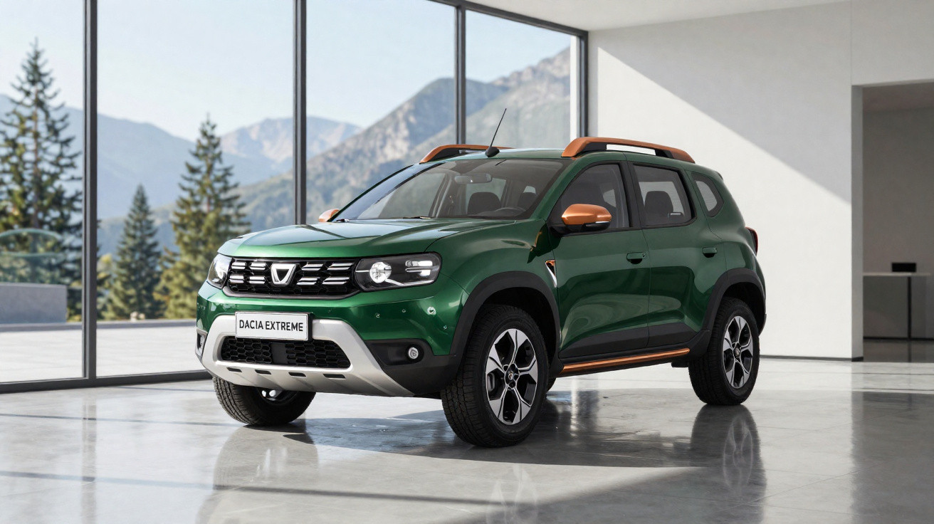 Green Dacia Extreme SUV parked inside a modern showroom with large windows and mountain views.