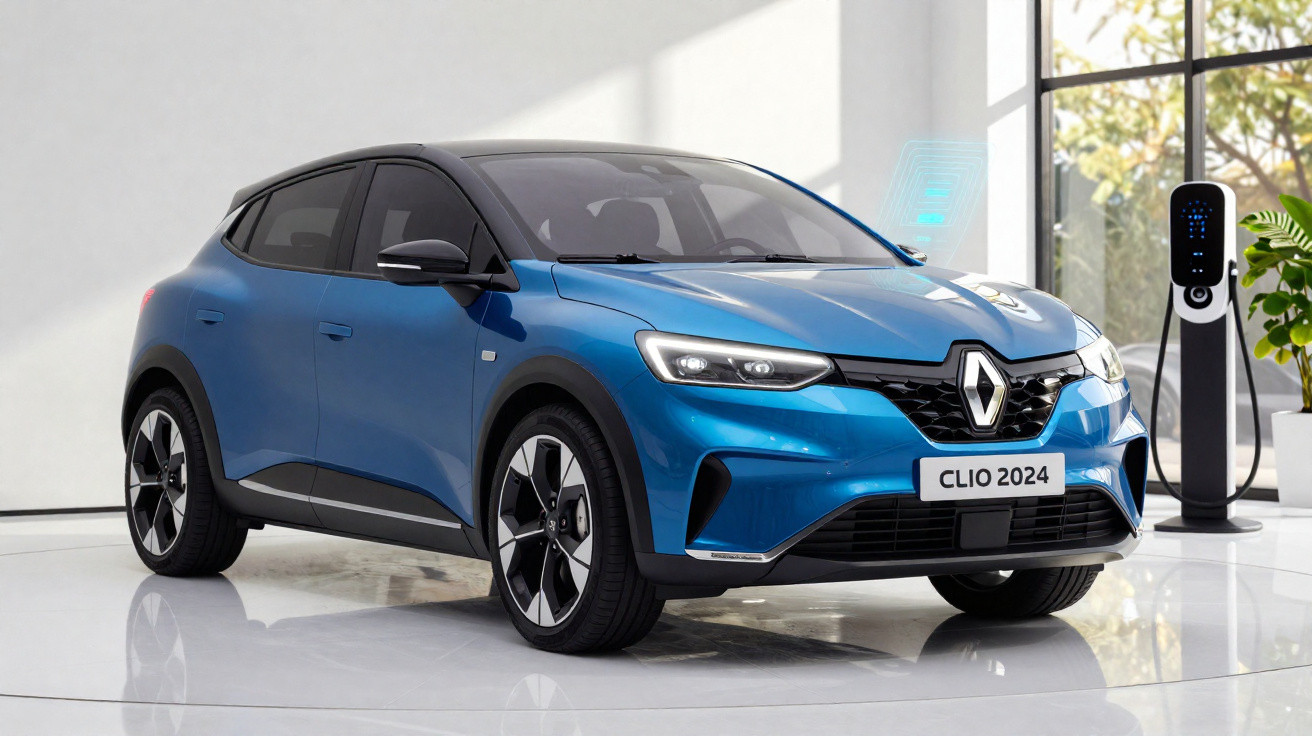 Blue Renault Clio 2024 electric car parked indoors next to a charging station by a large window.