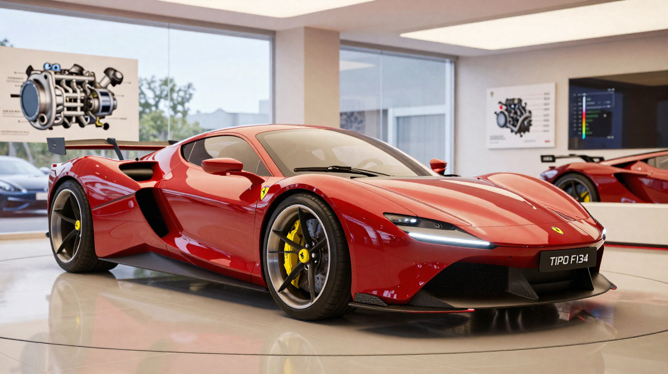 Red Ferrari Tipo F134 sports car displayed inside a modern showroom with engine diagrams on the walls.