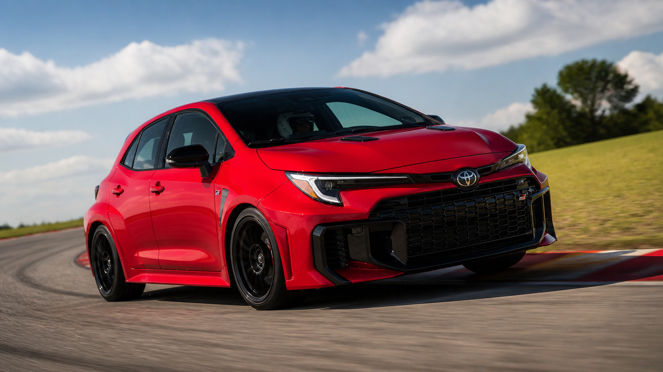 Red sporty hatchback car with black roof driving on a curved road under a cloudy sky.