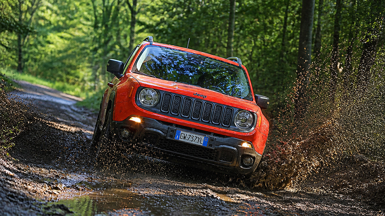 Orange Jeep Renegade driving through muddy water on a forest trail splashing mud on both sides.