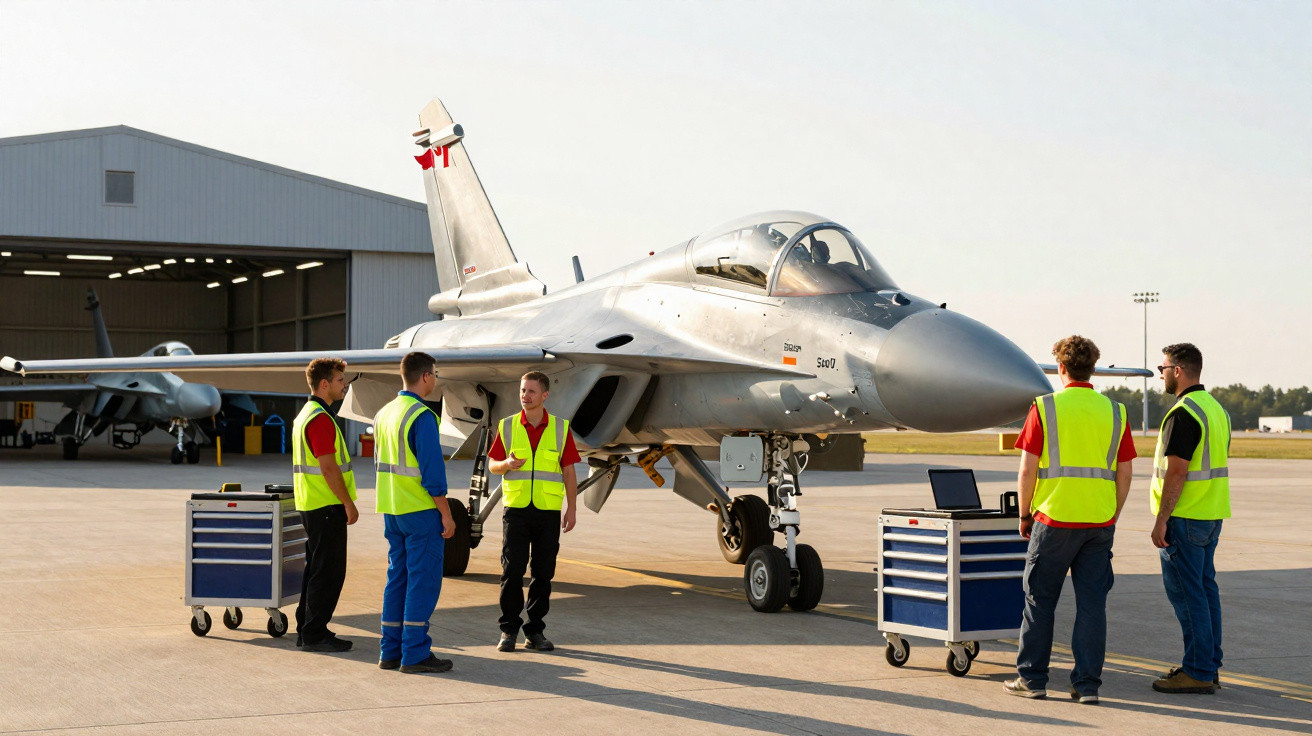 Five technicians in high-visibility vests inspecting a fighter jet on an airport runway near tool carts.