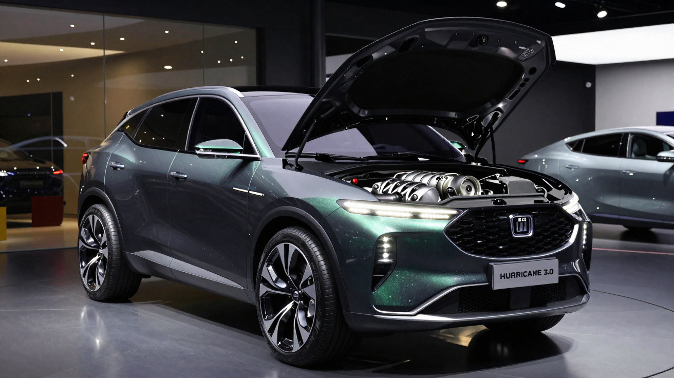 Dark green SUV with open hood showing engine, displayed indoors under bright lighting.