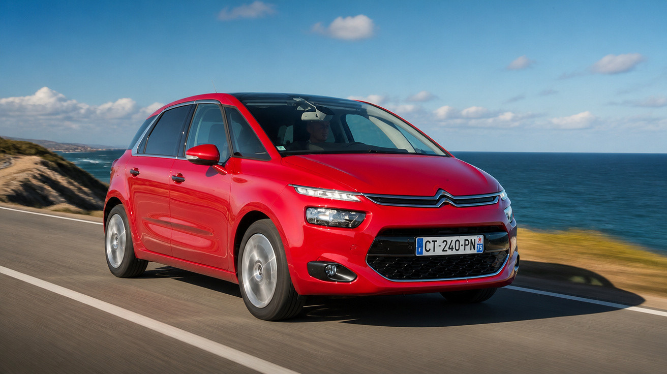 Red Citroën hatchback driving on coastal road under blue sky.