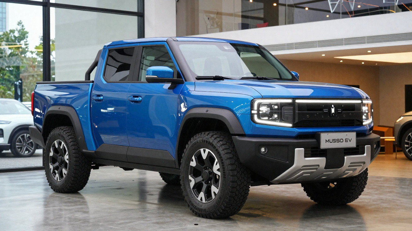 Blue Musso EV electric pickup truck displayed indoors with black trim and rugged tyres.