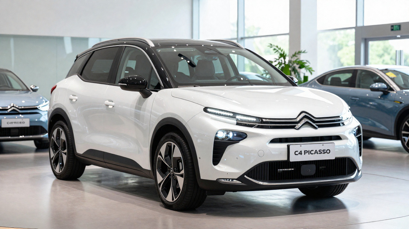 White Citroën C4 Picasso car displayed in a showroom with modern design and black roof accents.