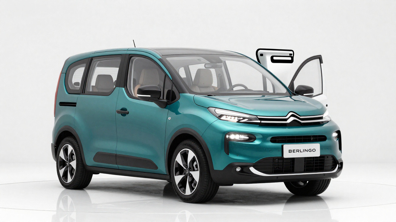 Teal Citroën Berlingo MPV with front right door open against a white studio background.