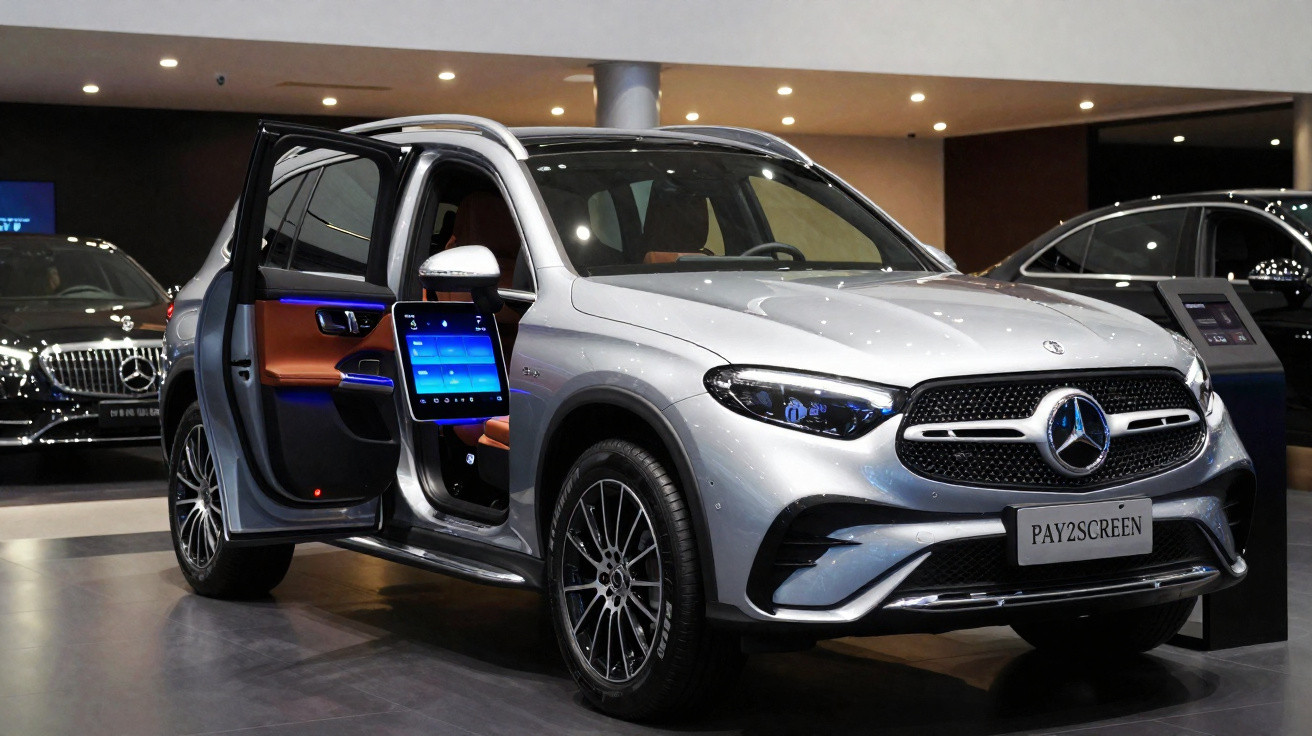 Silver Mercedes-Benz SUV with front door open showing digital dashboard display in showroom environment.