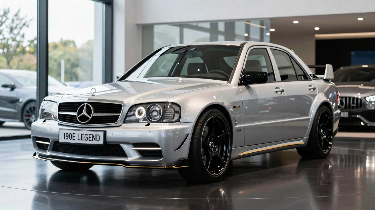 Silver Mercedes-Benz 190E Legend classic car with black wheels showcased indoors on reflective floor.