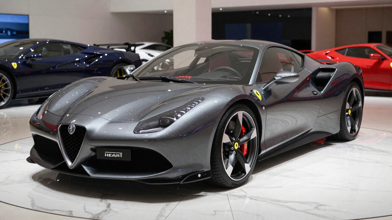 Sleek grey sports car with Ferrari badge, red brake calipers, and black alloy wheels displayed indoors.