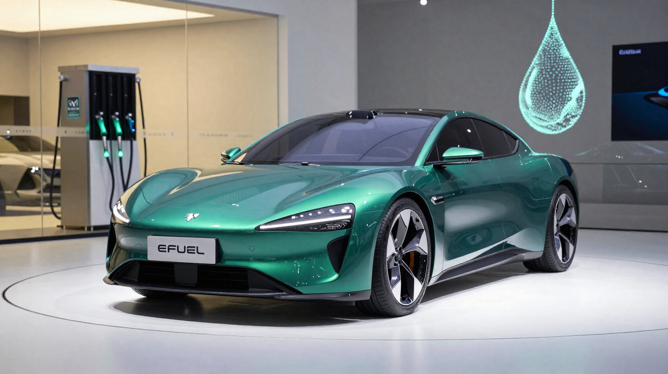 Sleek green electric sports car displayed indoors with charging station and digital graphic in the background.