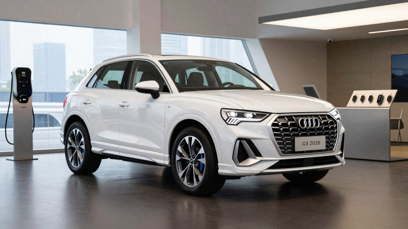 White Audi Q3 2026 model electric SUV displayed indoors near a charging station and modern showroom furniture.