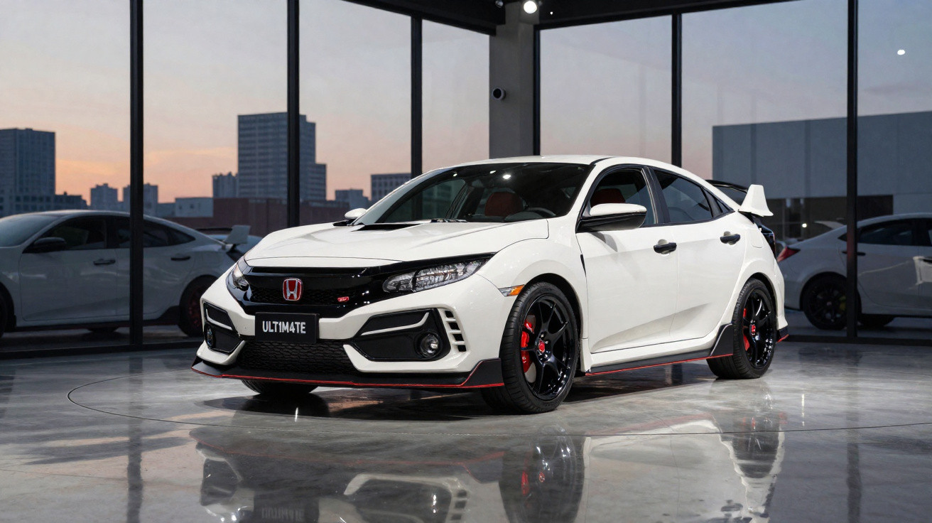 White Honda Civic Type R with black and red accents parked indoors with cityscape visible through large windows.
