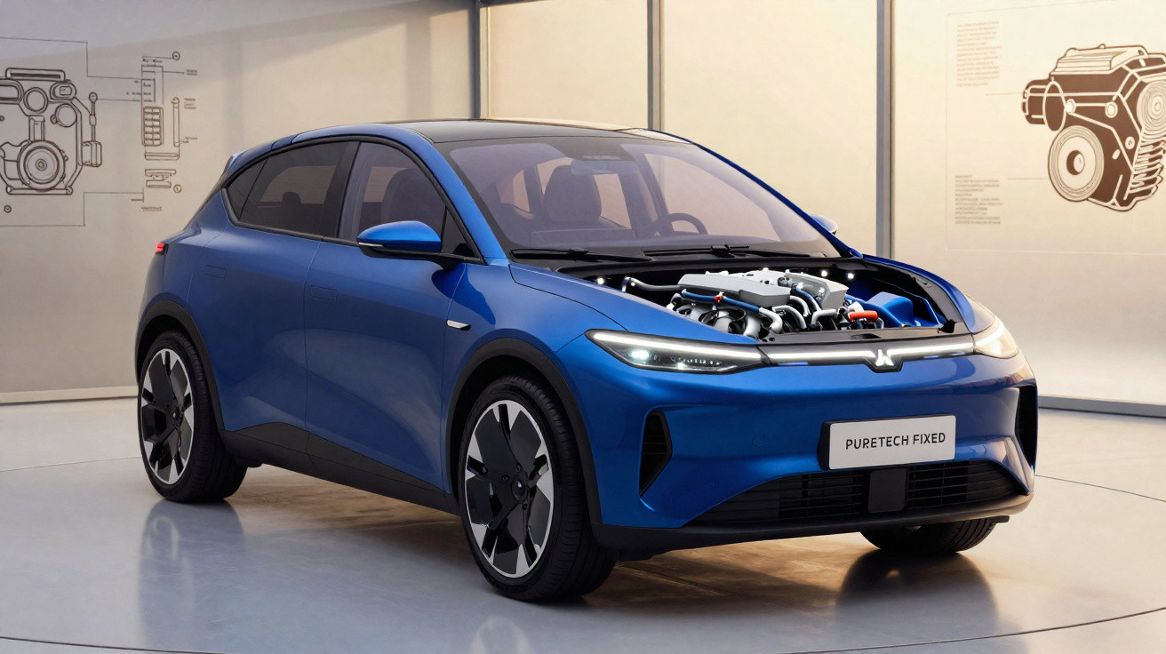 Blue compact electric car with exposed engine components displayed indoors against technical diagrams.