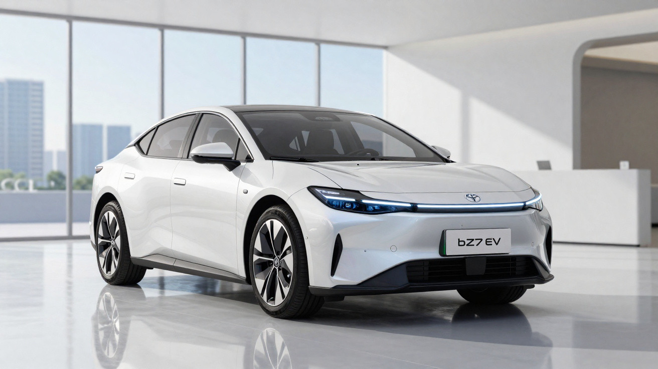 White Toyota bZ4X electric vehicle displayed in a modern showroom with large windows and reflective floor.