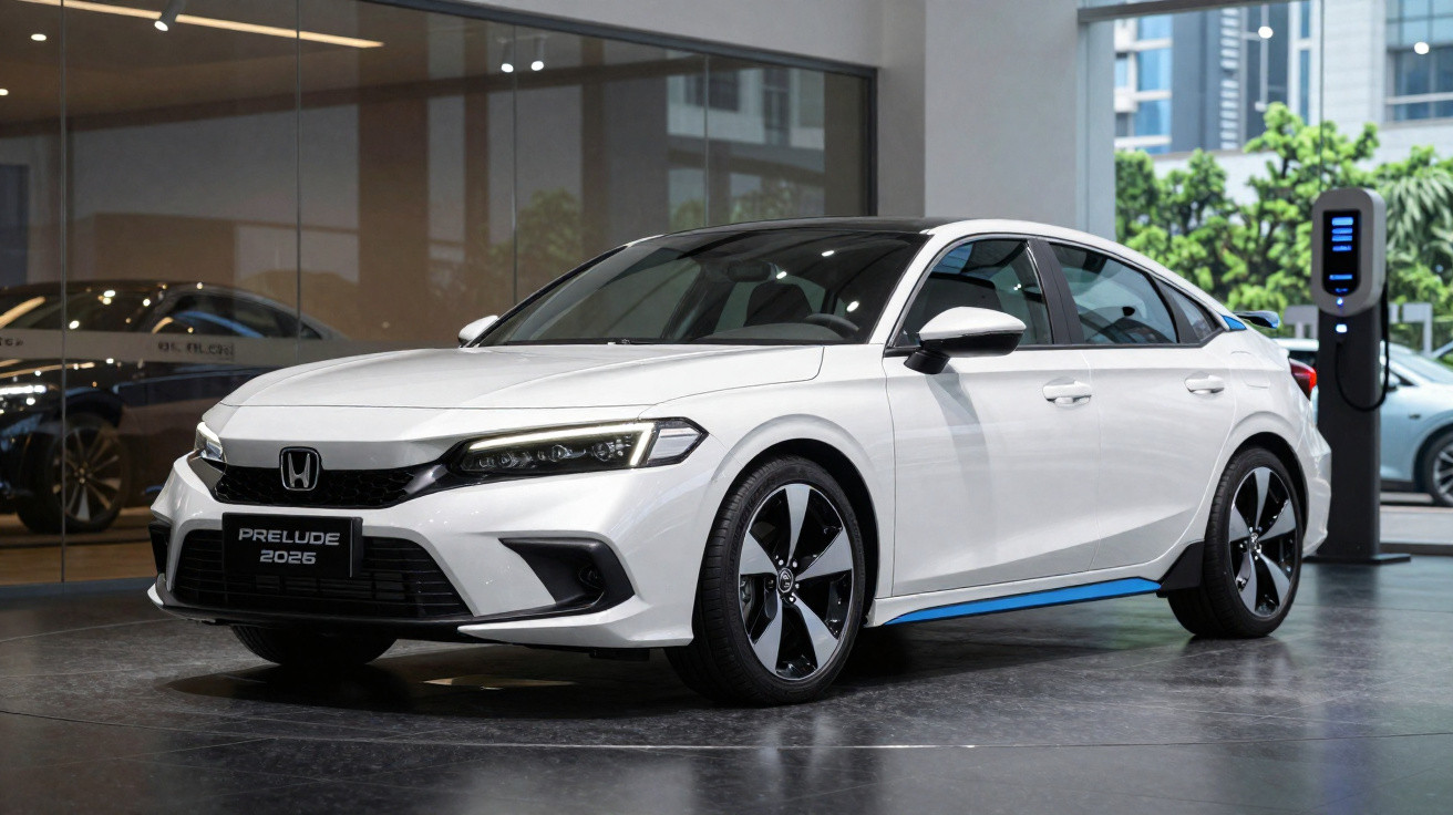 White 2026 Honda Prelude electric car displayed indoors with modern alloy wheels and charging station nearby.