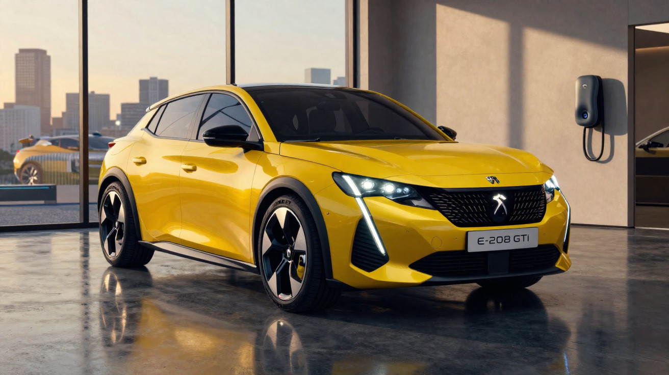 Yellow Peugeot E-208 GTI electric car parked inside a modern garage with a city view in the background.