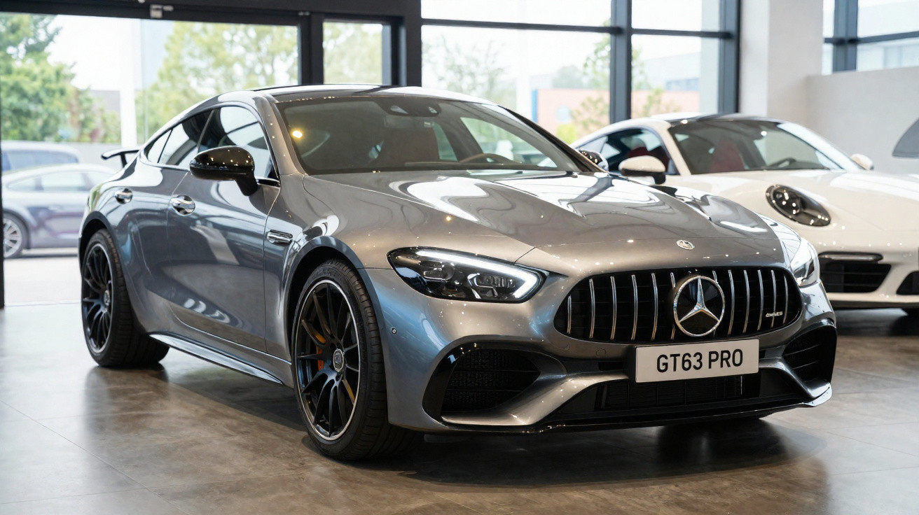 Grey Mercedes-Benz GT63 PRO sports car parked indoors beside a white sports car.
