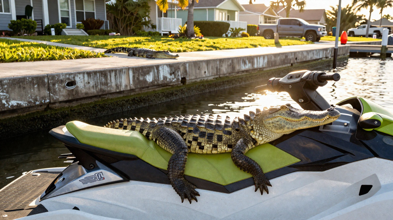 Alligator resting on the green seat of a jet ski docked by a canal in a residential area.