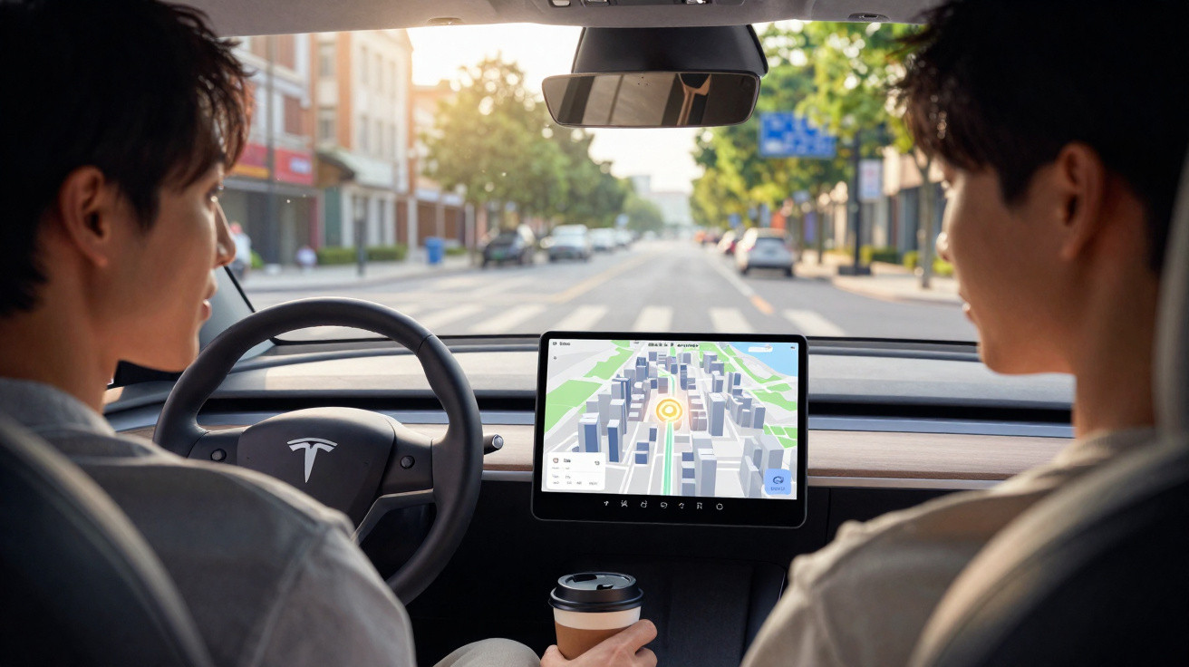 Two people inside a Tesla with touchscreen displaying a 3D city map during daytime drive.