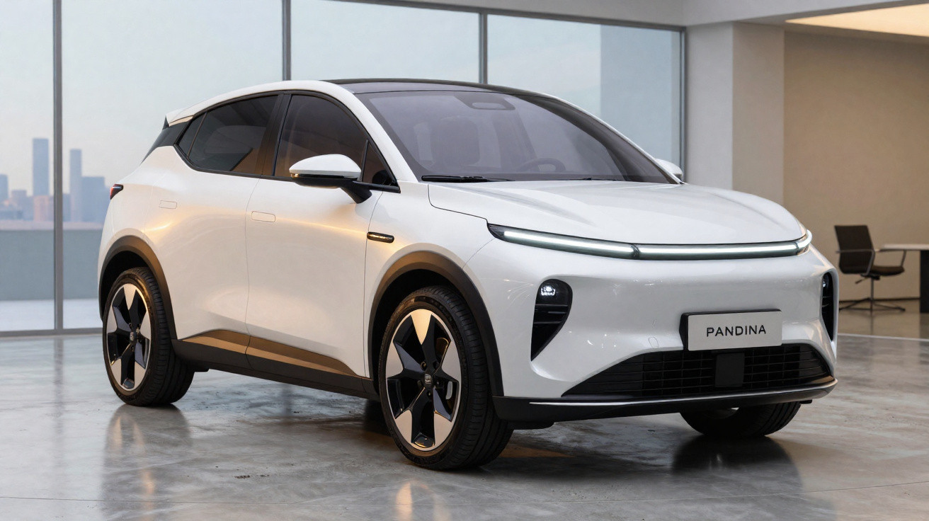 White compact electric SUV parked indoors with sleek design and panoramic windows.