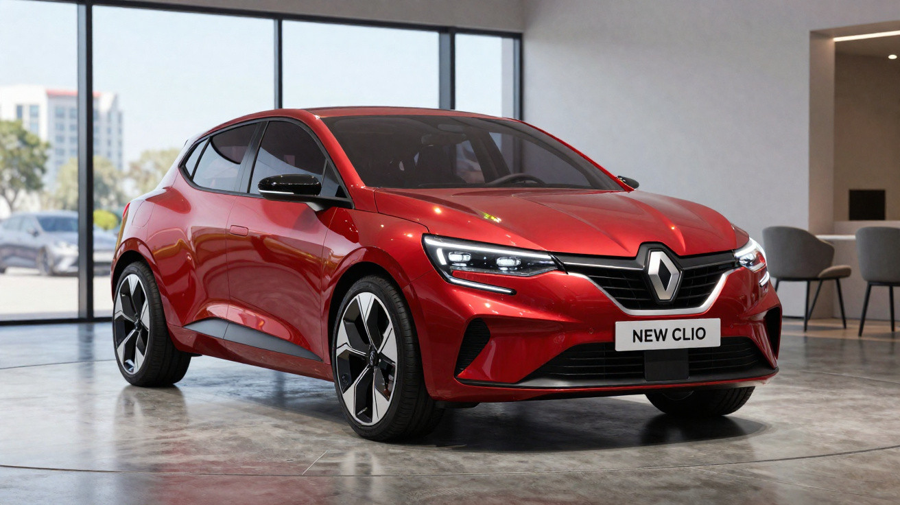 Red Renault New Clio hatchback car displayed indoors on a polished concrete floor with large windows in the background.