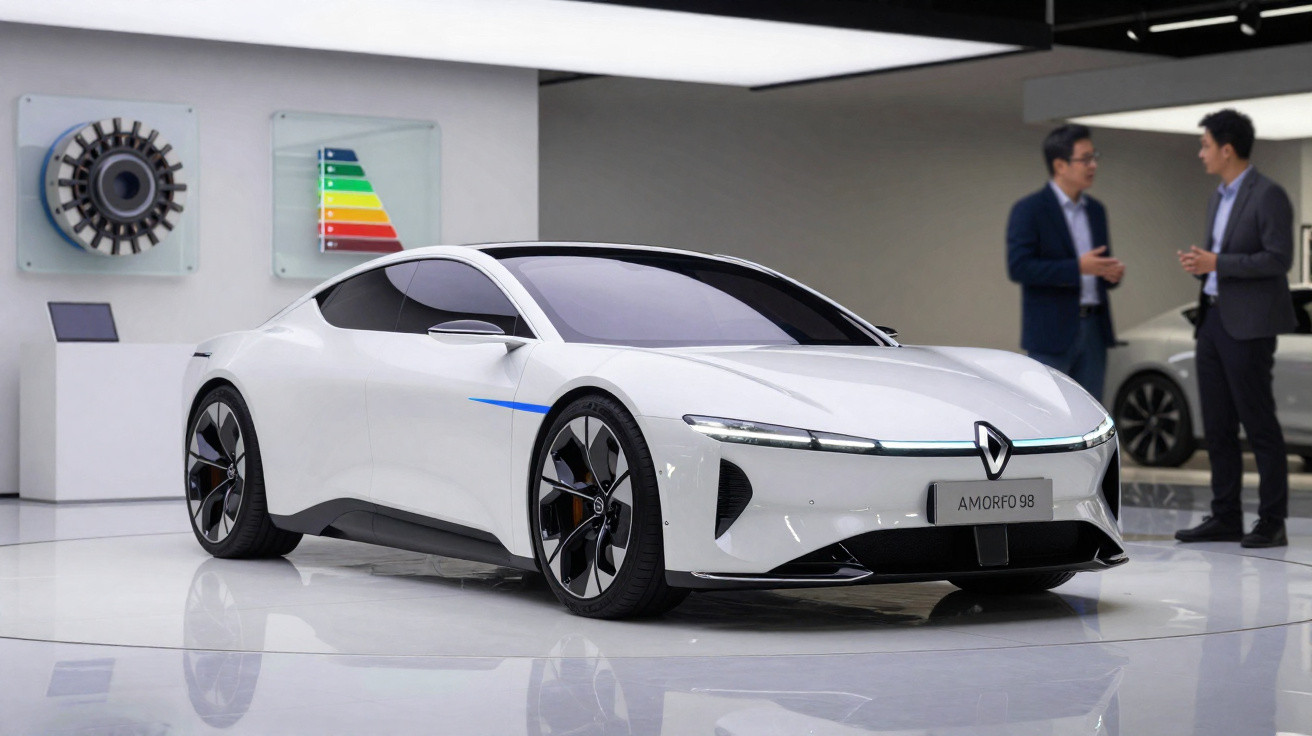 White futuristic electric sports car displayed in a showroom with two men talking in the background.