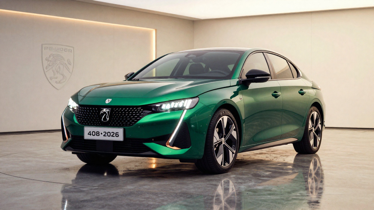 Green Peugeot 408 sedan parked indoors with modern LED headlights and shiny alloy wheels visible.