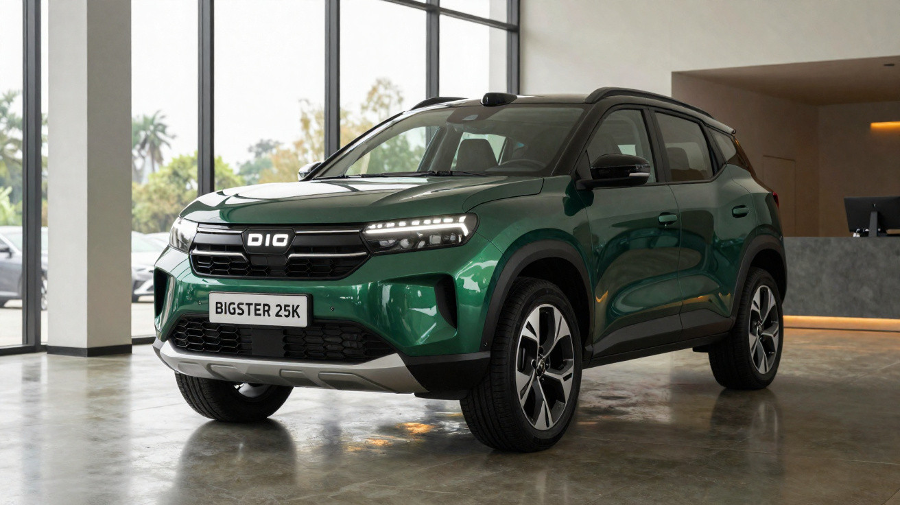 Green DIO Bigster 25K compact SUV displayed indoors with large windows and polished concrete floor.