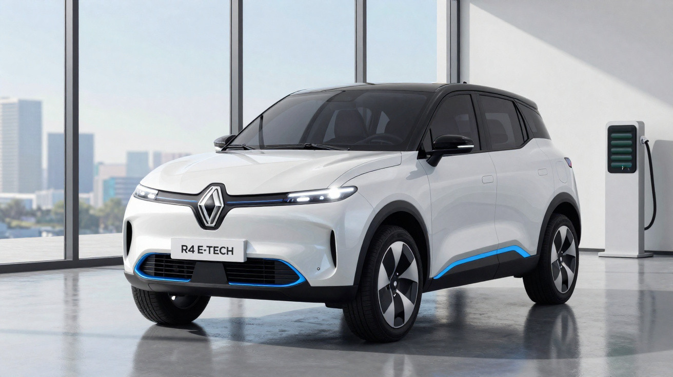 White Renault R4 E-Tech electric SUV parked indoors near a charging station with city skyline background.