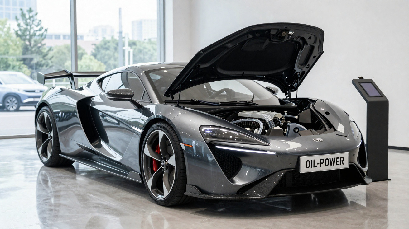 Sleek grey sports car with open front hood showcasing engine, displayed indoors on shiny floor next to info stand.