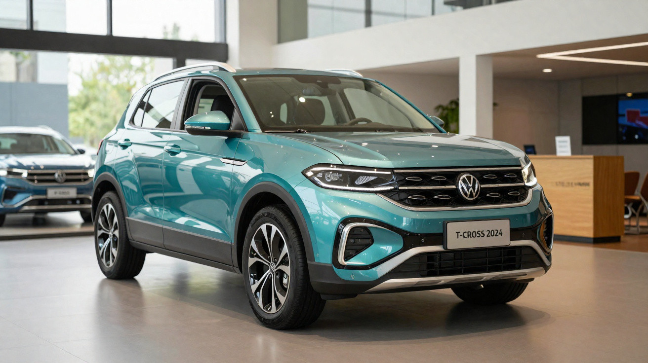 2024 Volkswagen T-Cross blue compact SUV on display in a bright showroom, front three-quarter view.