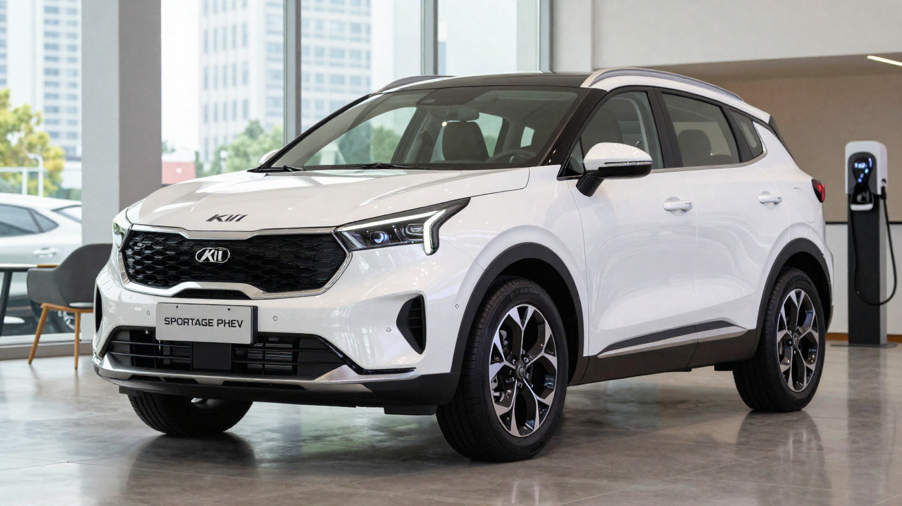 White Kia Sportage PHEV SUV parked indoors near a charging station in a modern showroom.