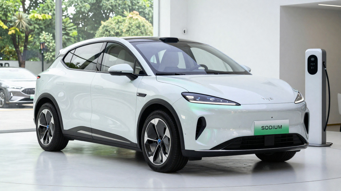 White BYD electric SUV parked indoors near a charging station with greenery visible outside.