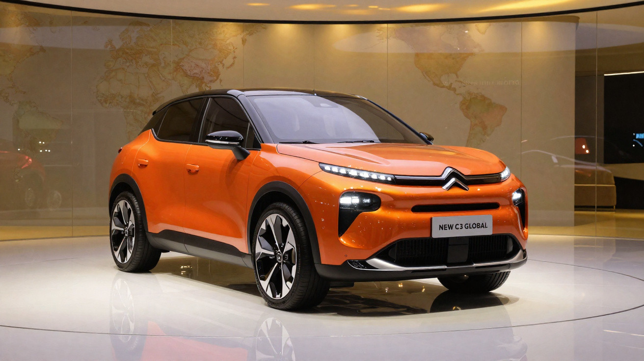 Orange Citroën New C3 Global hatchback displayed in a showroom with a world map background.