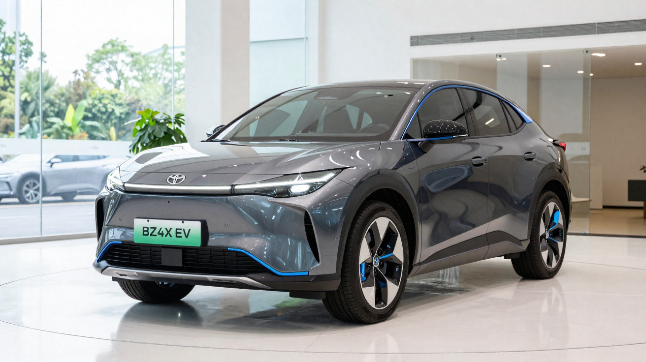 Grey Toyota BZ4X electric SUV displayed indoors on a white platform with large windows in the background.