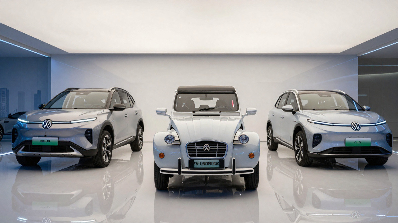 Three silver electric cars, two modern VW models flanking a classic Citroën, displayed in a bright showroom.