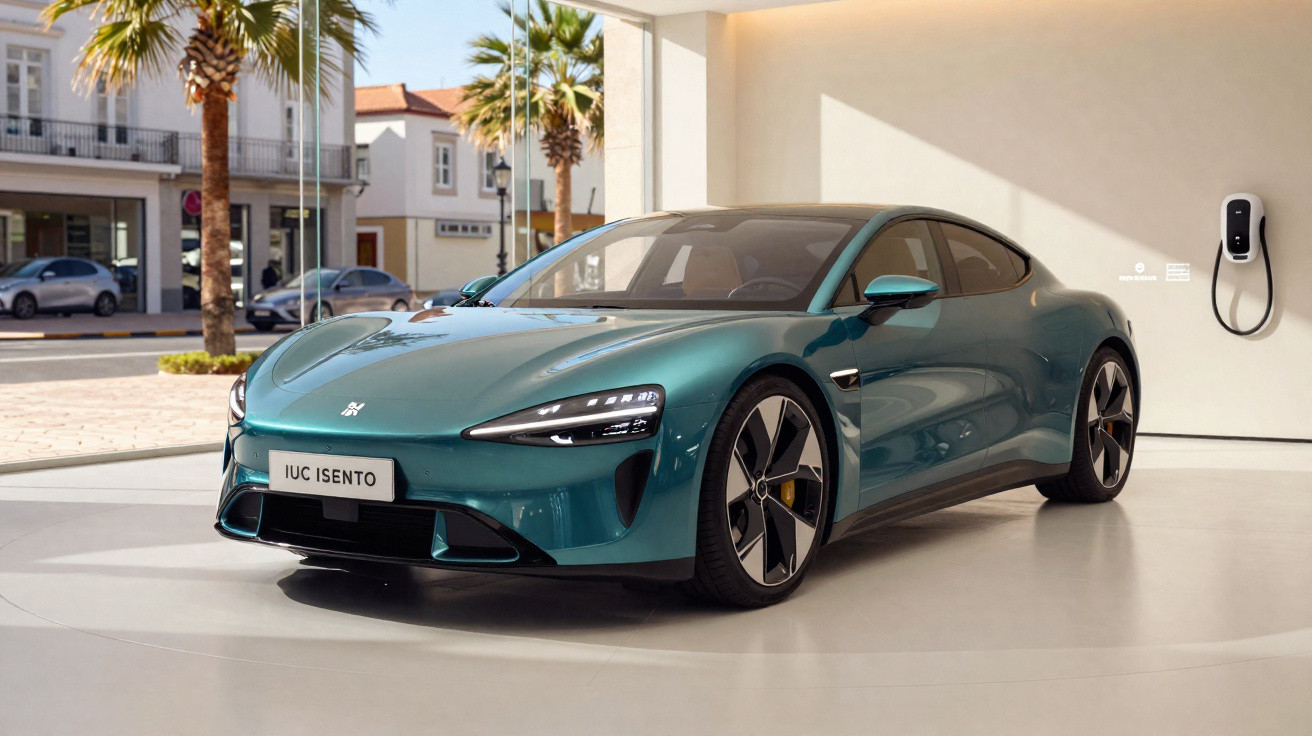 Green IUC Isento electric car parked indoors near a wall-mounted charging station with palm trees outside.