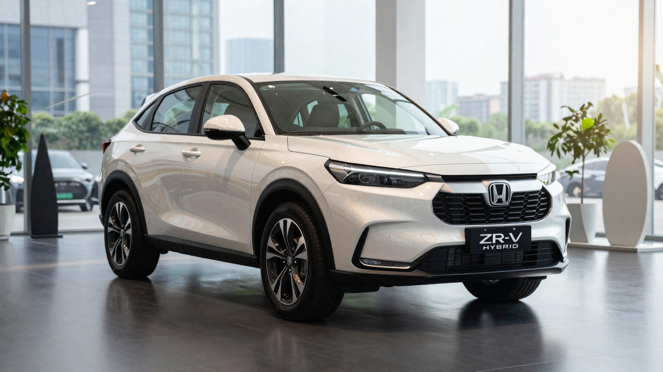 White Honda ZR-V Hybrid SUV displayed in a showroom with large windows and cityscape background.