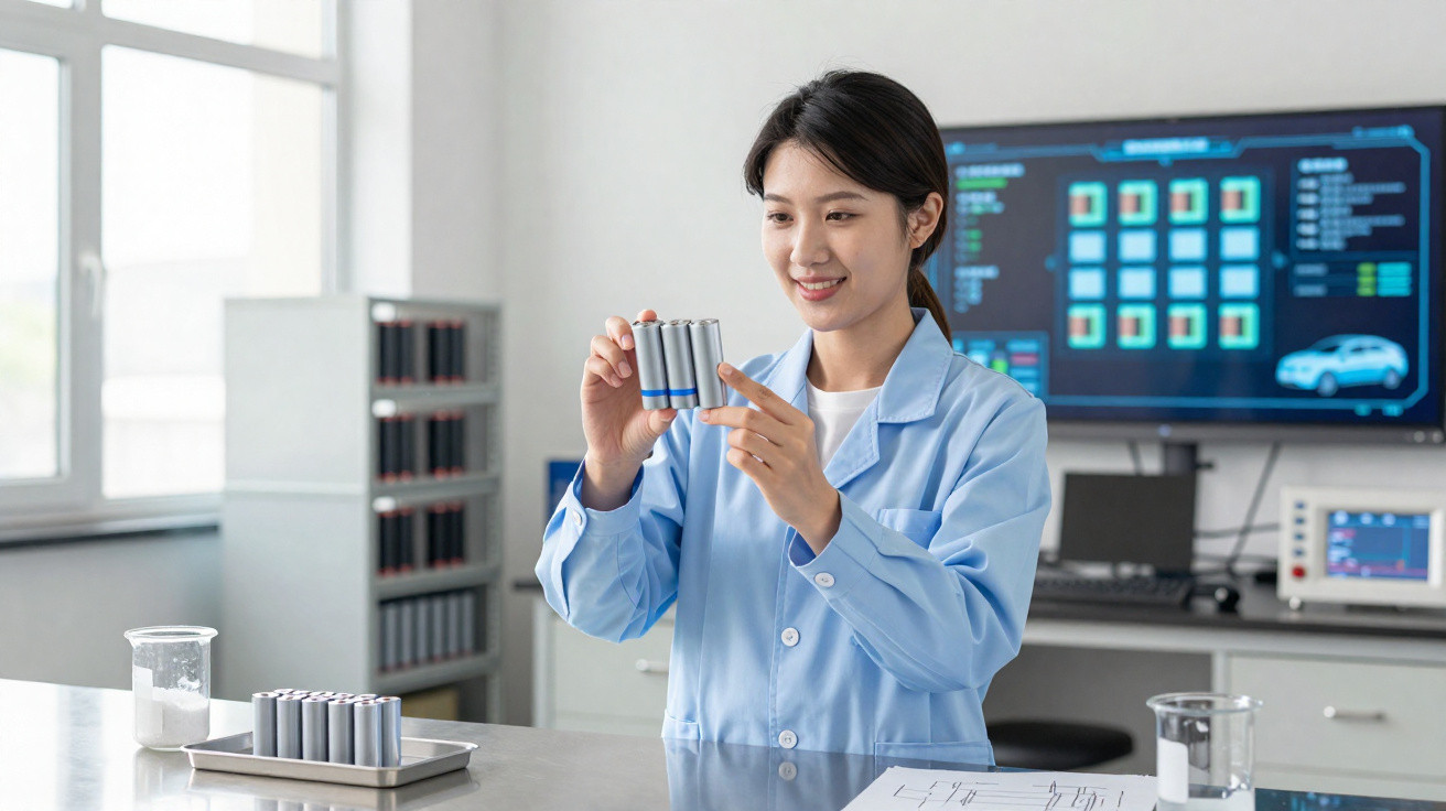 Scientist in a lab coat holding and examining cylindrical batteries in a laboratory setting.