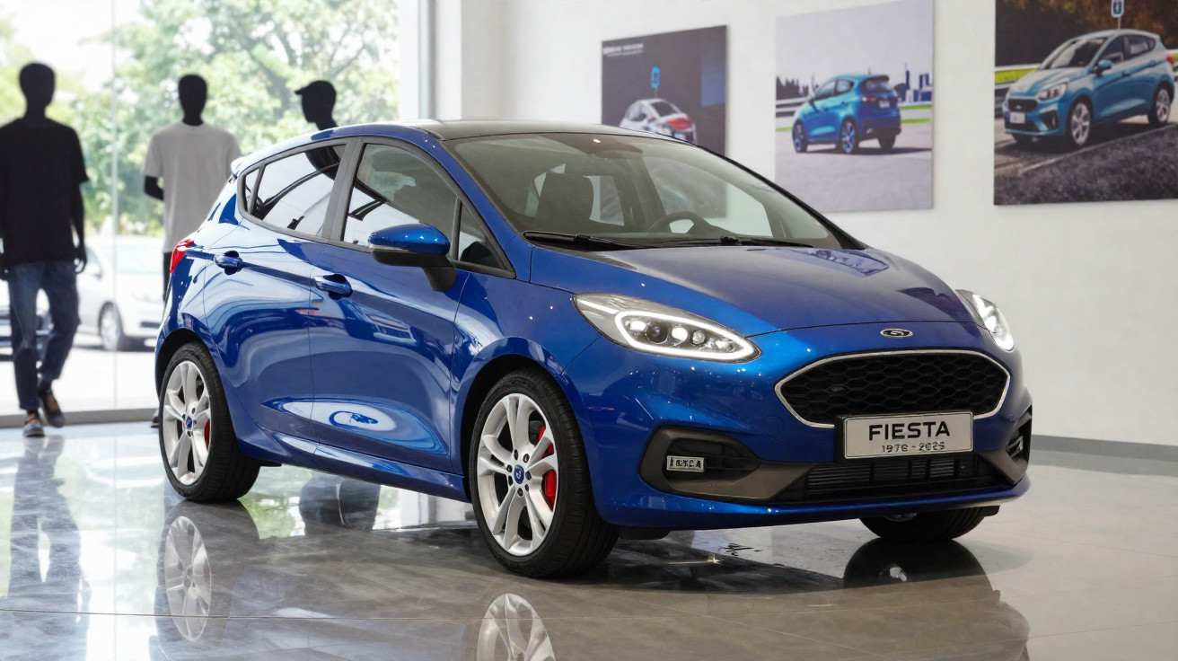 Blue Ford Fiesta hatchback displayed indoors with three mannequin figures in the background and car posters on the wall.