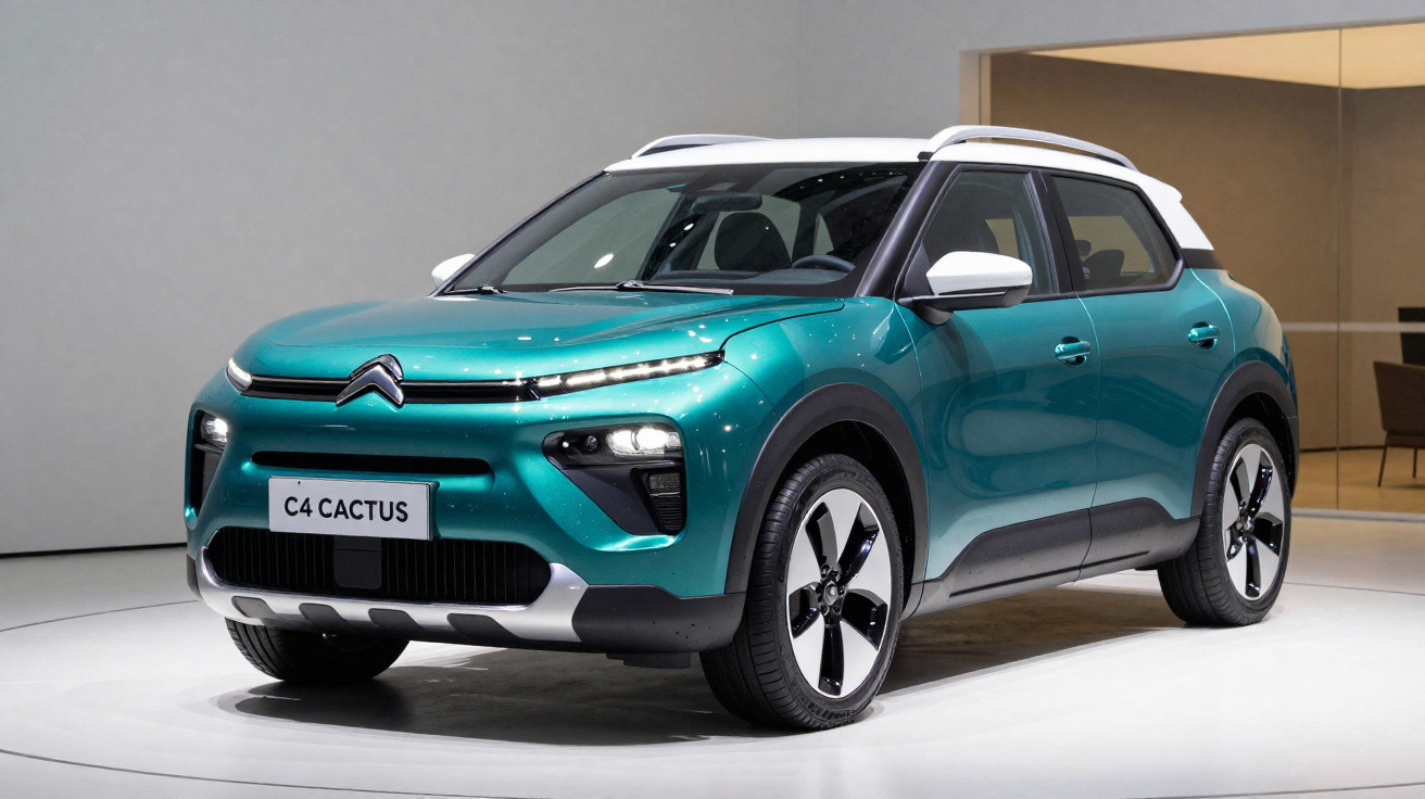 Teal Citroën C4 Cactus compact SUV on display in a minimalistic showroom setting