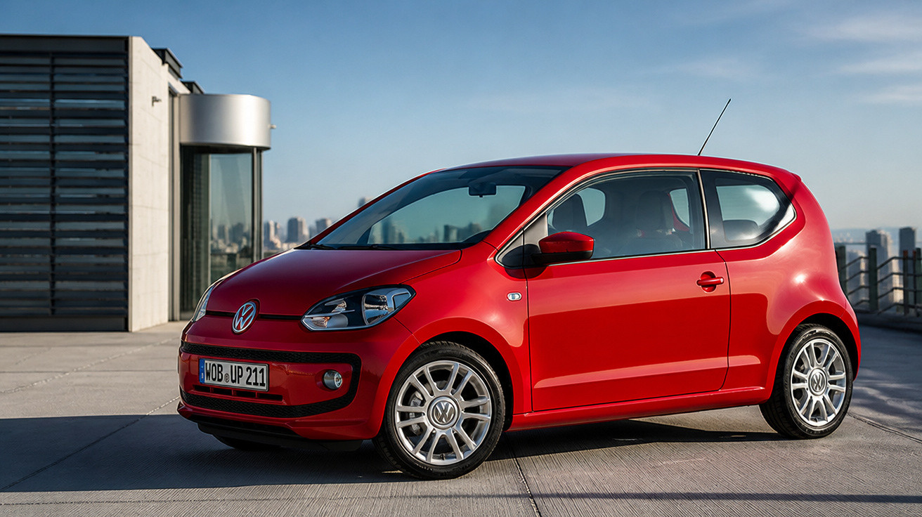 Red Volkswagen compact hatchback car parked on rooftop with city skyline in background under clear sky.