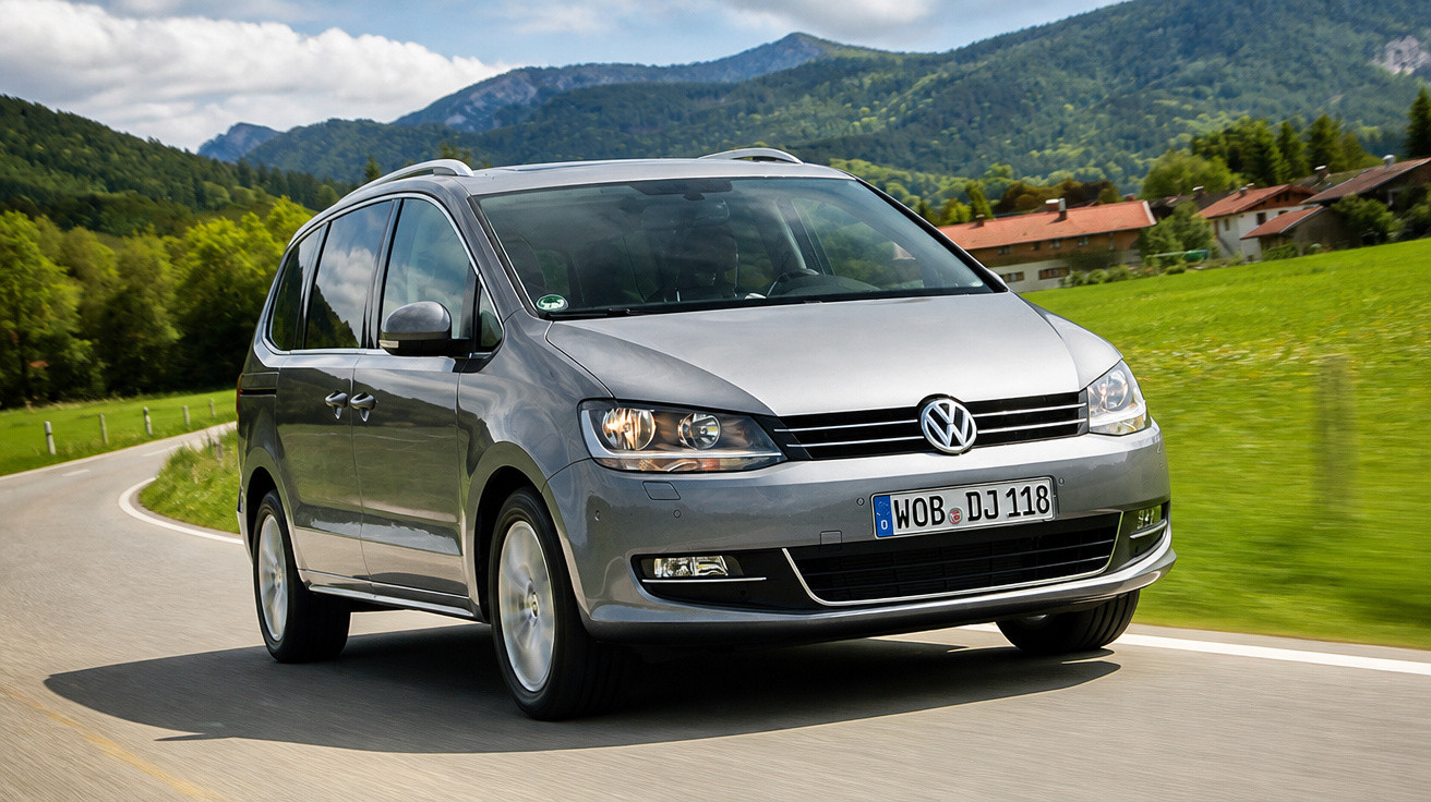 Silver Volkswagen minivan driving on a curved road through a green countryside with hills and houses in the background.