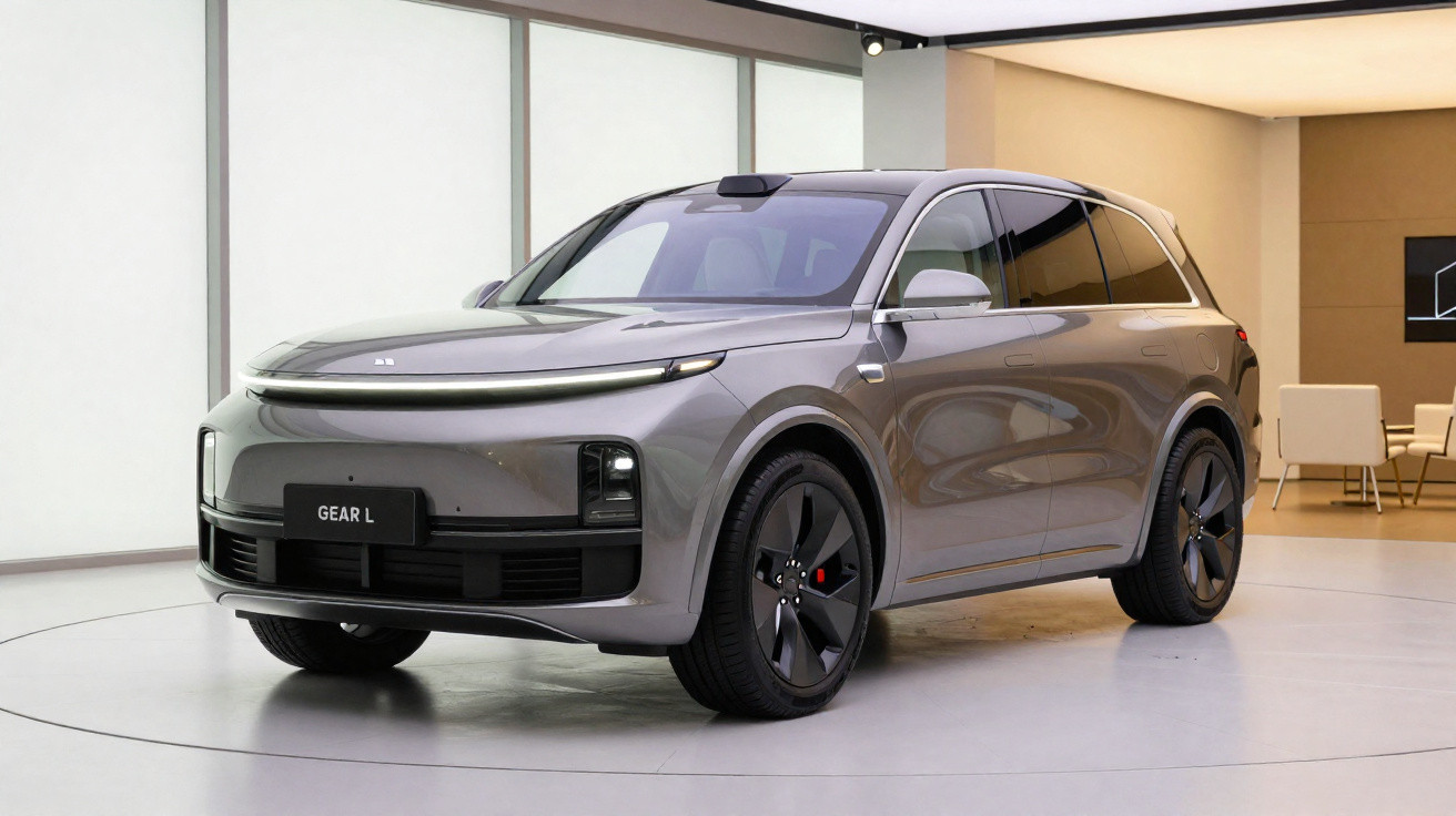 Grey GEAR L electric SUV showcased in a modern showroom with minimalistic interior design.