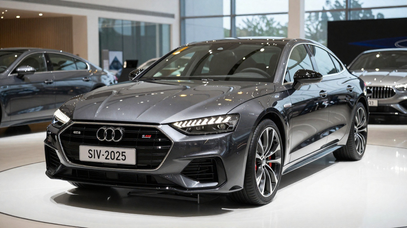Grey Audi S8 luxury sedan displayed in a showroom with LED headlights and alloy wheels.