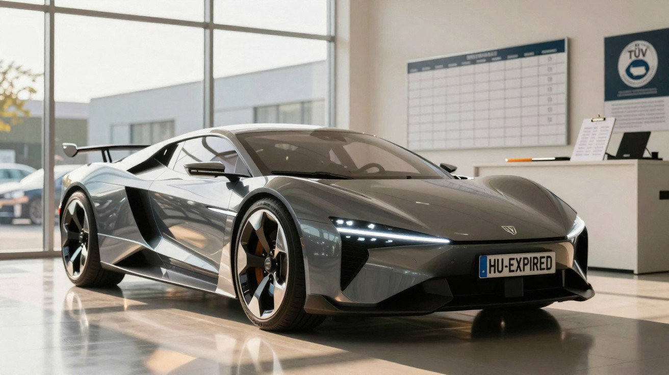 Sleek grey sports car with LED headlights displayed inside a modern showroom with large windows.