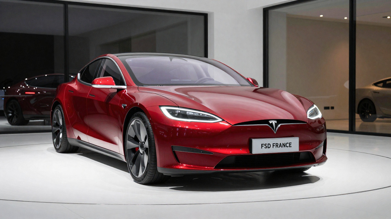 Red Tesla Model S electric car displayed indoors with illuminated headlights and FSD France licence plate.