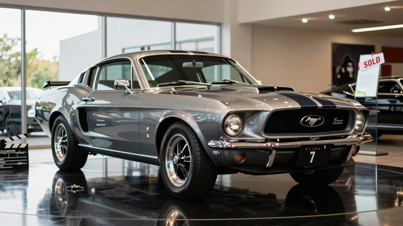 Silver classic 1967 Ford Mustang fastback with black racing stripes displayed indoors on reflective floor.