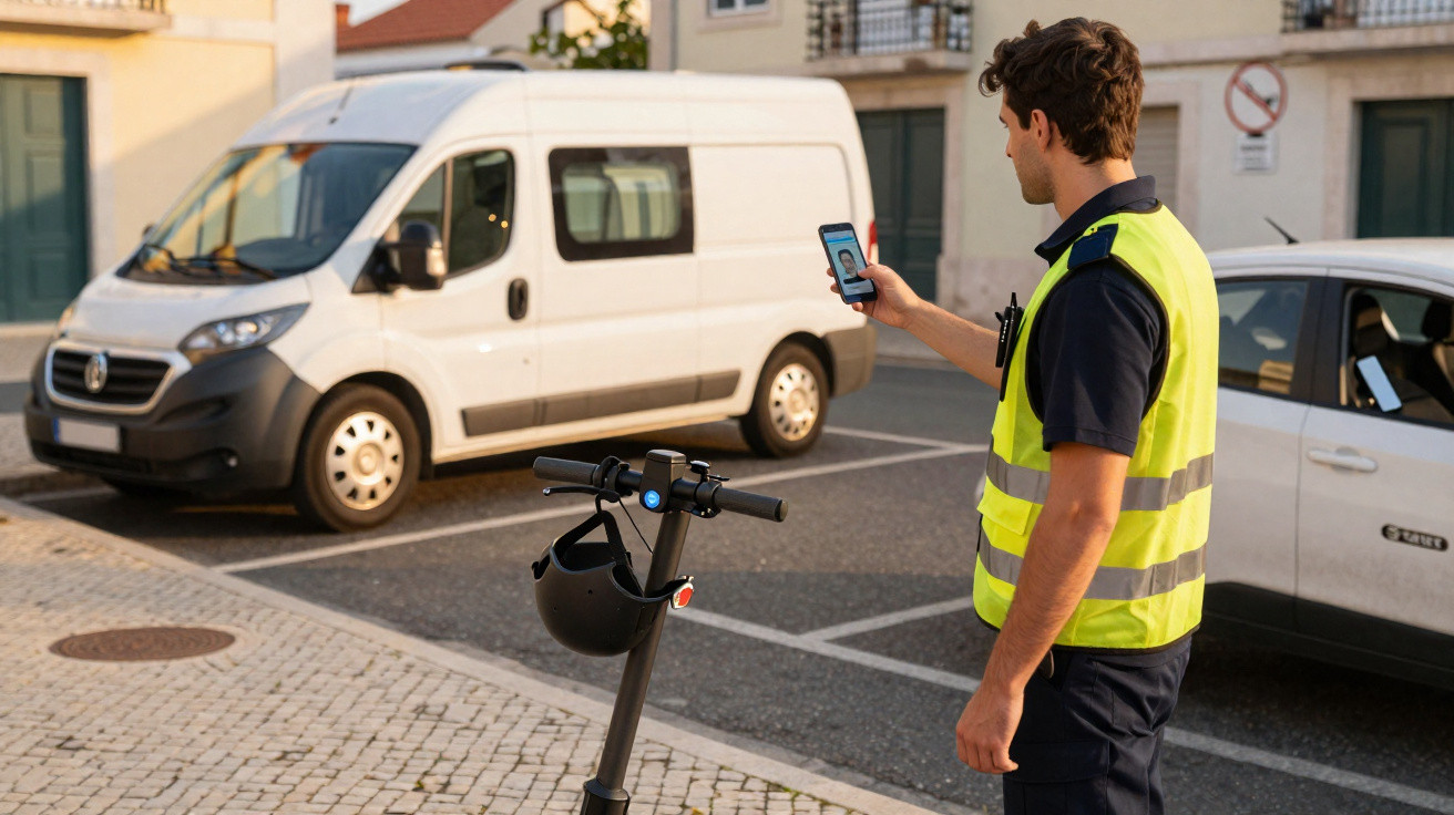 Man in high-visibility vest scanning QR code on electric scooter parked on street near vehicles.